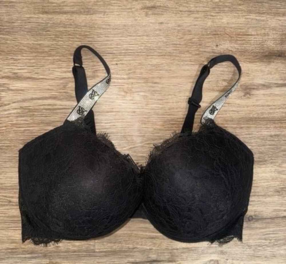 Victoria's Secret Black Lace Very Sexy Shine Strap Push-Up Bra Womens Size 36DDD